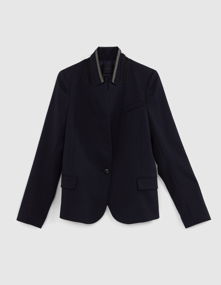 chaqueta de traje azul marino para mujer con cuello elegante