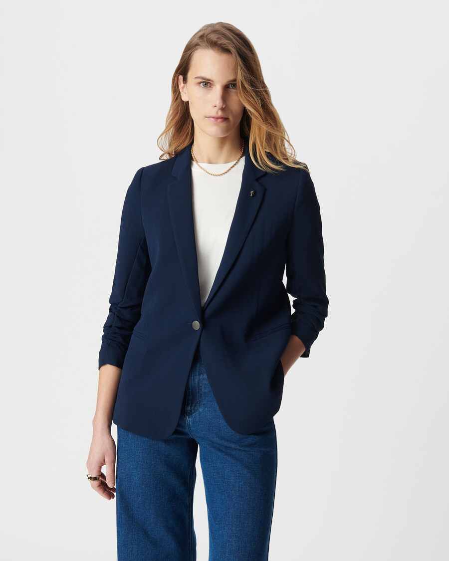 chaqueta de traje azul marino con mangas fruncidas 34 para mujer