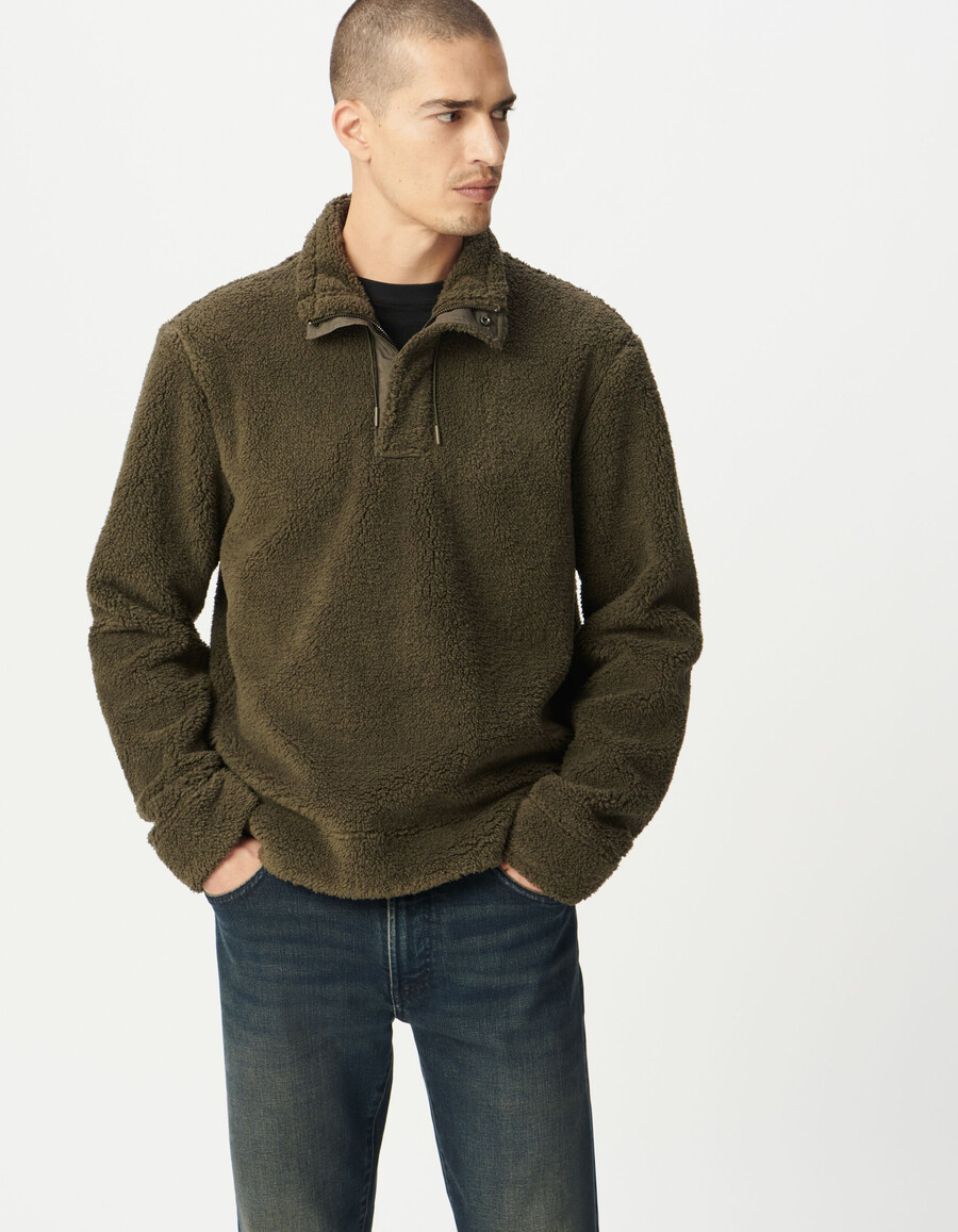 sudadera de punto sherpa caqui con cuello con cremallera para hombre