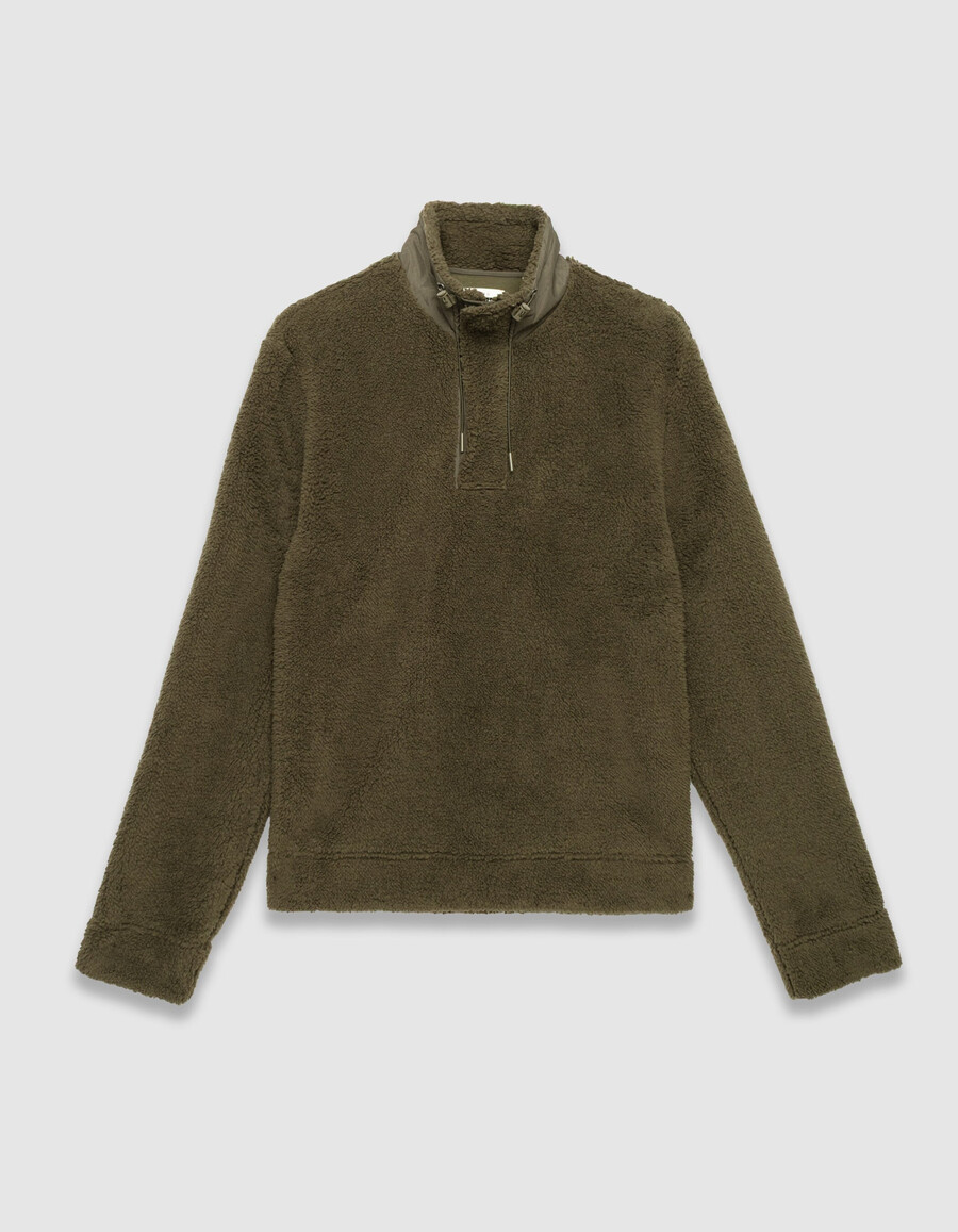 sudadera de punto sherpa caqui con cuello con cremallera para hombre