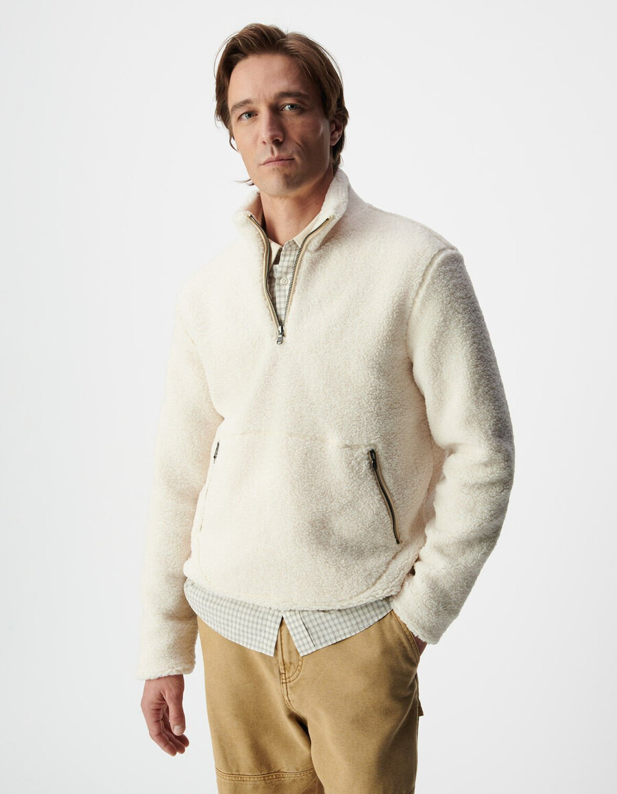 sudadera sherpa blanca con cuello para hombre
