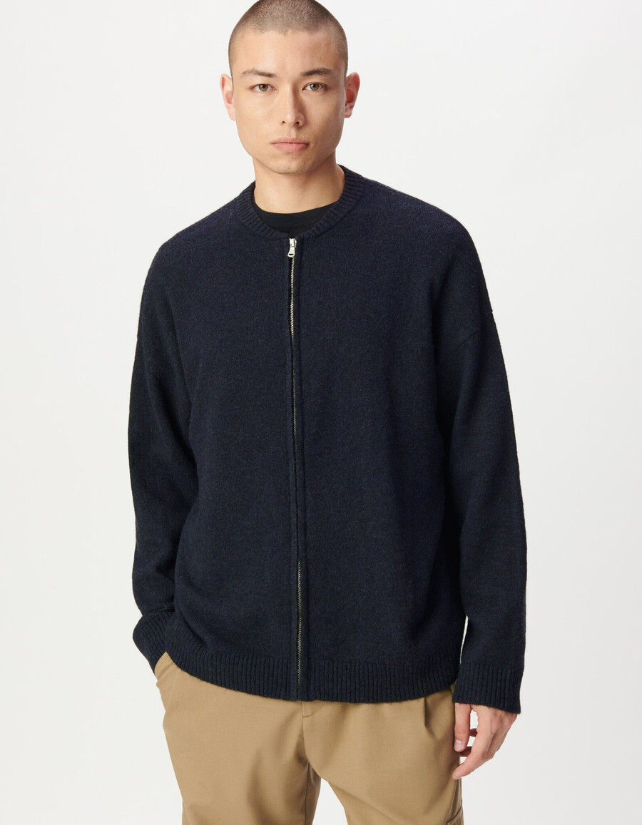 cárdigan de punto azul marino con cremallera para hombre
