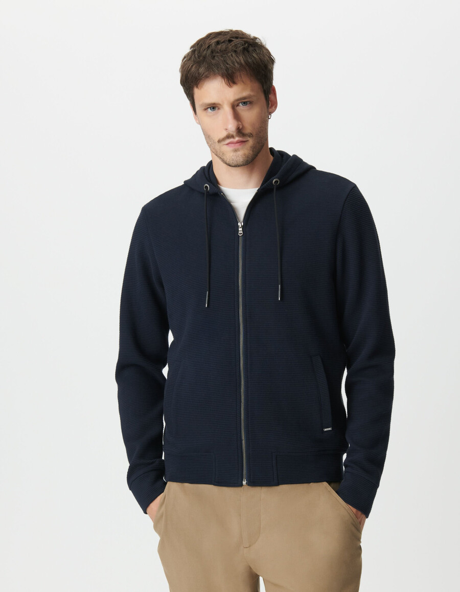 cárdigan con capucha de punto otomano de algodón azul marino para hombre
