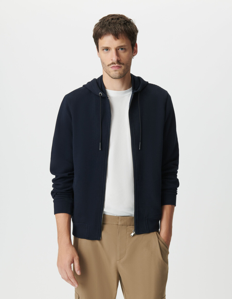 cárdigan con capucha de punto otomano de algodón azul marino para hombre