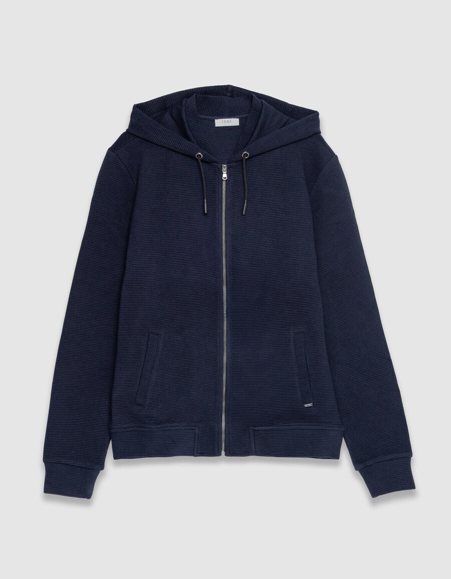 cárdigan con capucha de punto otomano de algodón azul marino para hombre