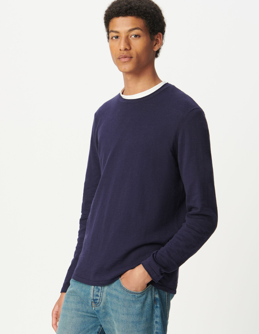 suéter de punto fino de algodón orgánico azul marino para hombre