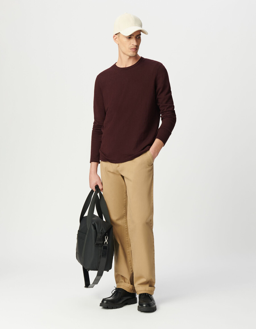 suéter de punto fino flameado de algodón orgánico color ciruela para hombre