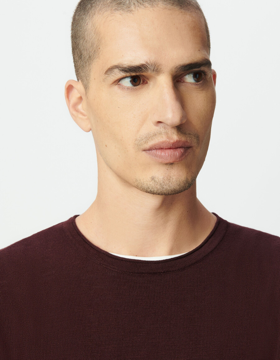 suéter de punto fino flameado de algodón orgánico color ciruela para hombre