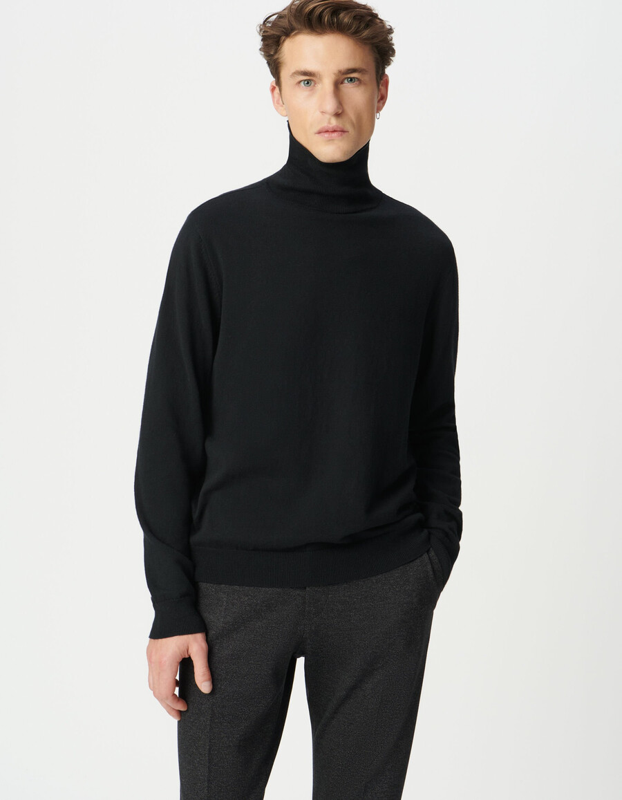 suéter de cuello alto de punto de cachemira y algodón negro para hombre