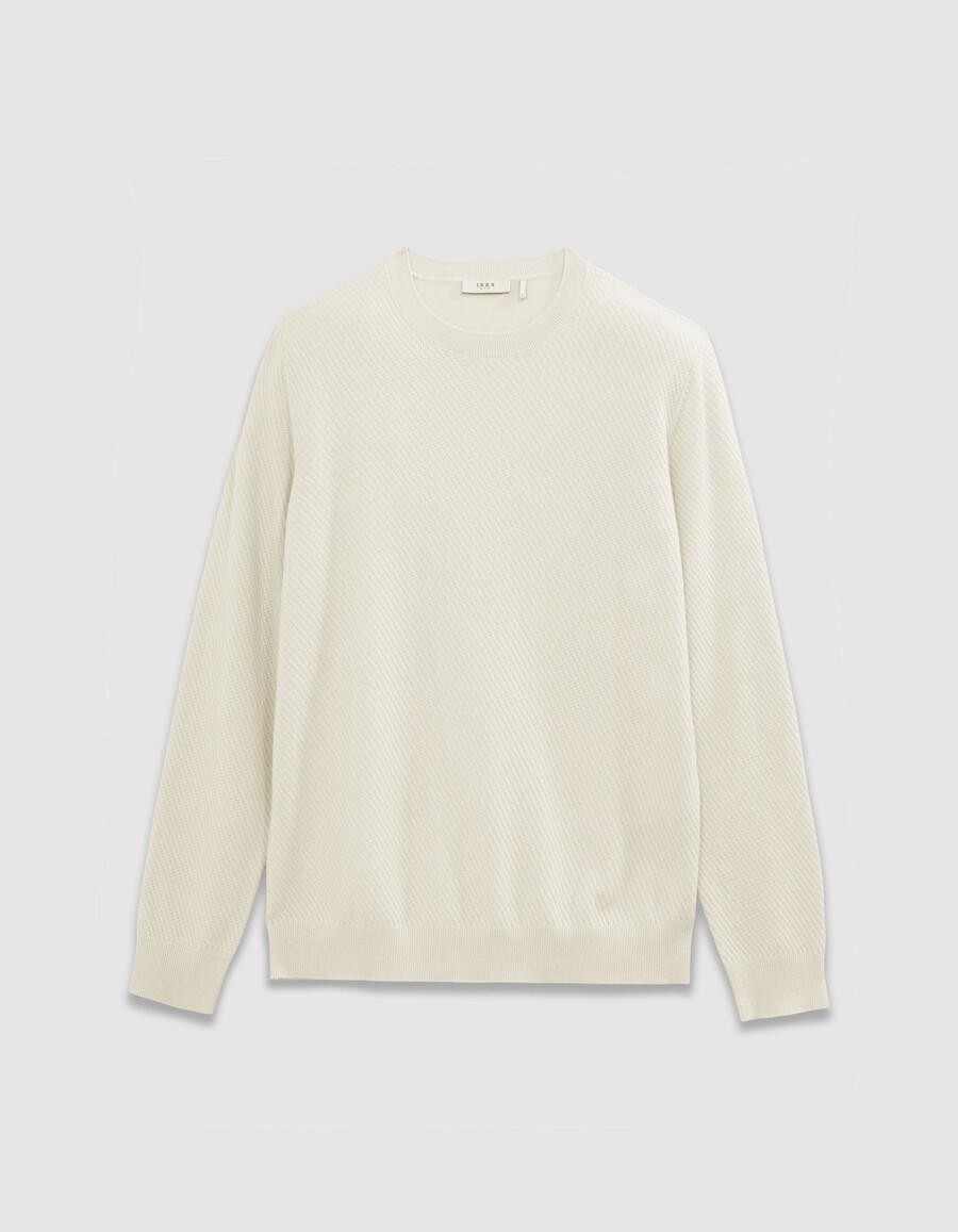 suéter de cuello redondo de punto texturizado color crudo para hombre
