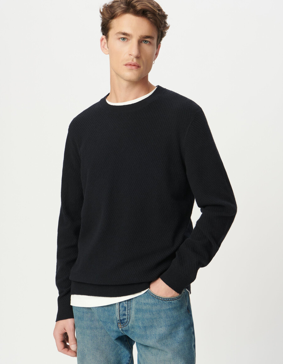 suéter de cuello redondo de punto texturizado azul marino para hombre