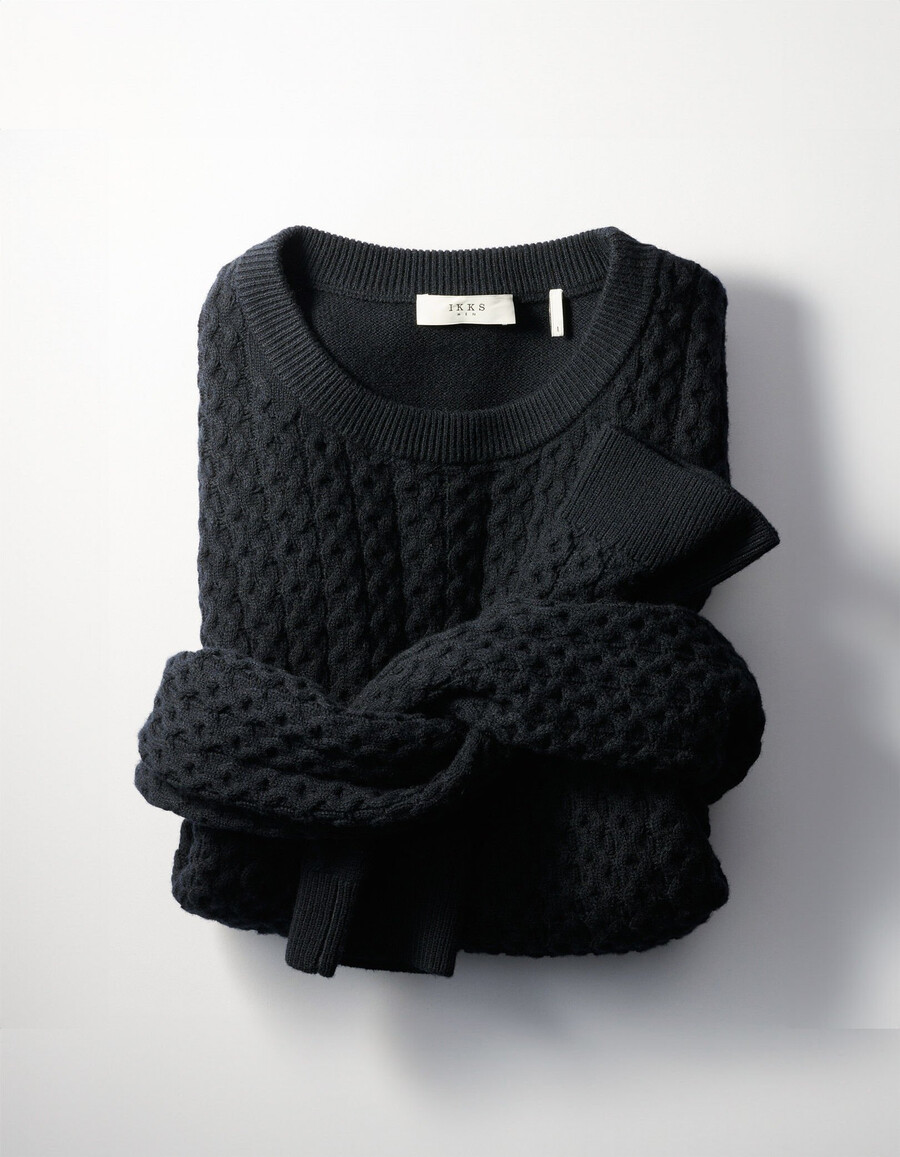 suéter de invierno de punto texturizado decorativo azul marino para hombre