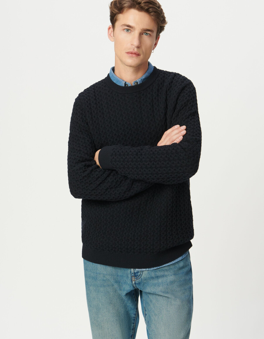 suéter de invierno de punto texturizado decorativo azul marino para hombre