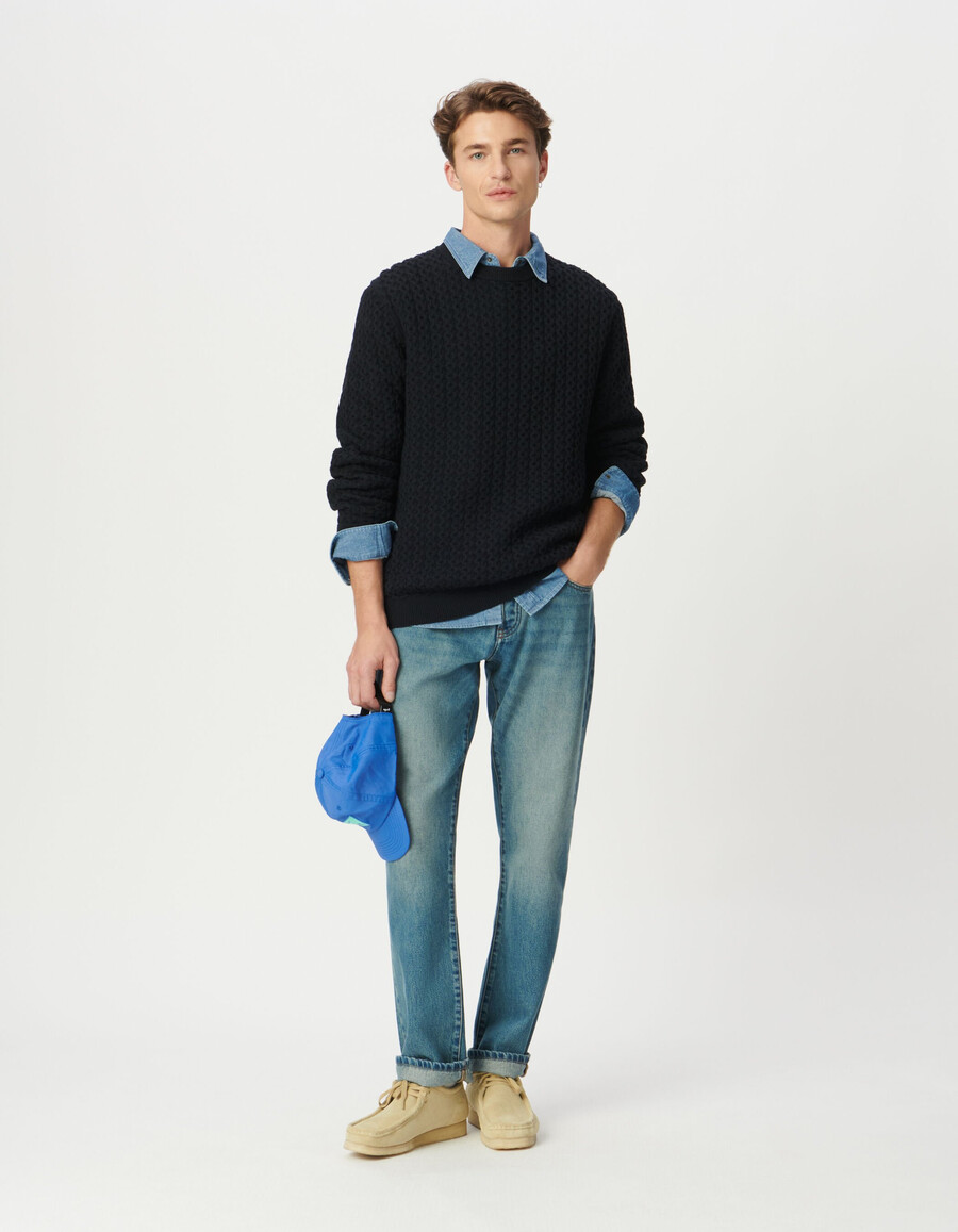 suéter de invierno de punto texturizado decorativo azul marino para hombre