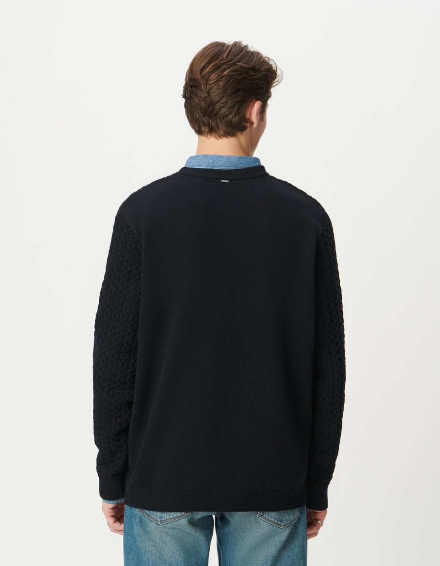 suéter de invierno de punto texturizado decorativo azul marino para hombre