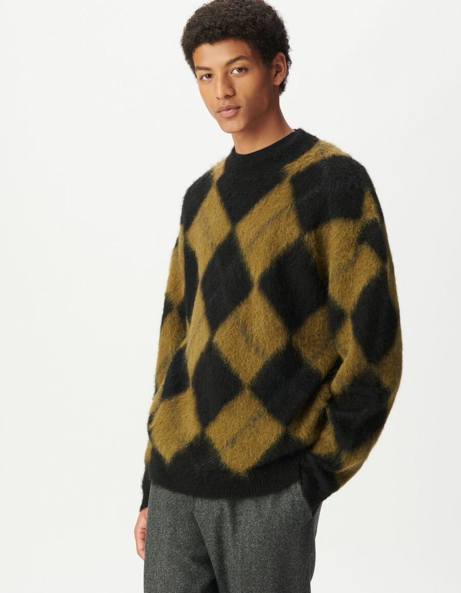 suéter de punto con estampado de cuadros caqui y negro para hombre