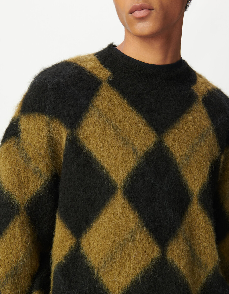 suéter de punto con estampado de cuadros caqui y negro para hombre