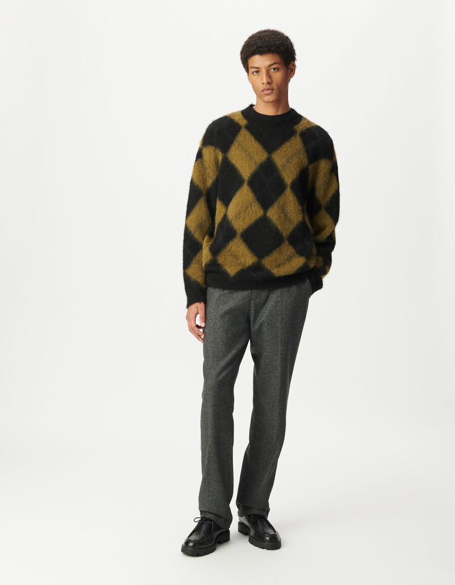suéter de punto con estampado de cuadros caqui y negro para hombre
