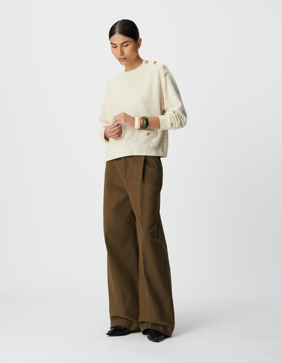 sudadera de tweed de lúrex beige para mujer hombros abotonados