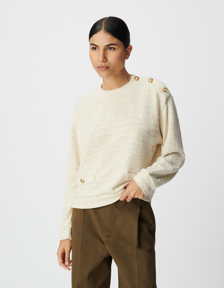 sudadera de tweed de lúrex beige para mujer hombros abotonados