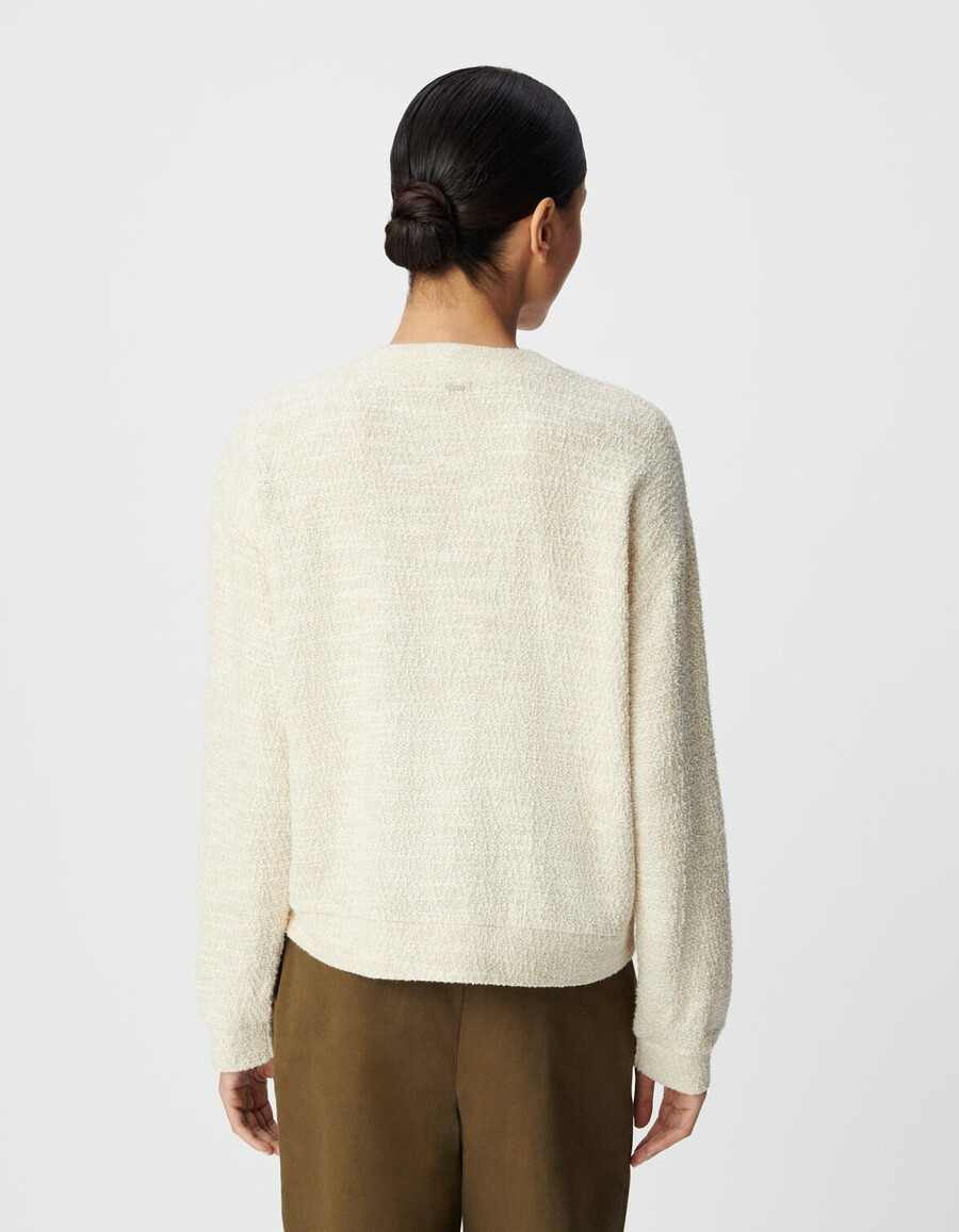 sudadera de tweed de lúrex beige para mujer hombros abotonados