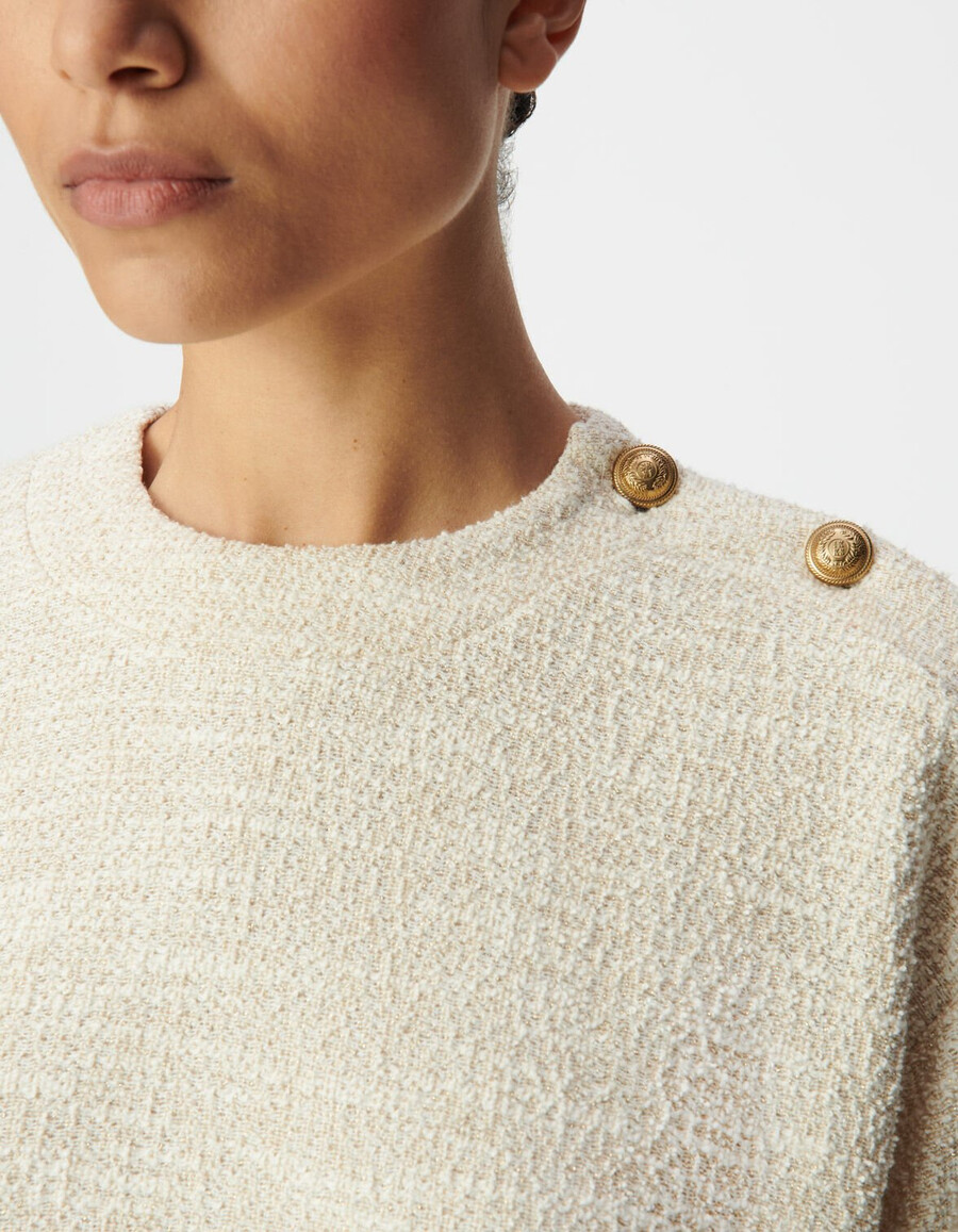 sudadera de tweed de lúrex beige para mujer hombros abotonados