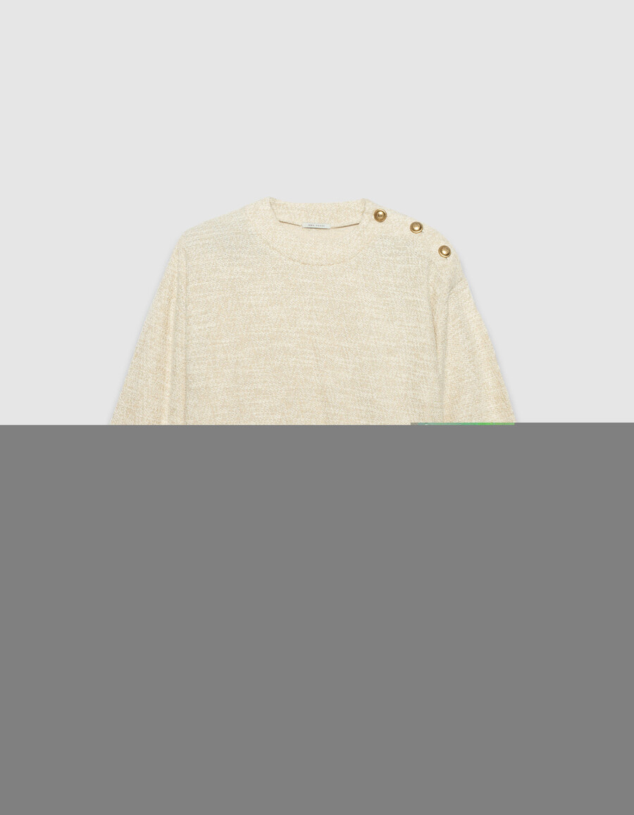 sudadera de tweed de lúrex beige para mujer hombros abotonados