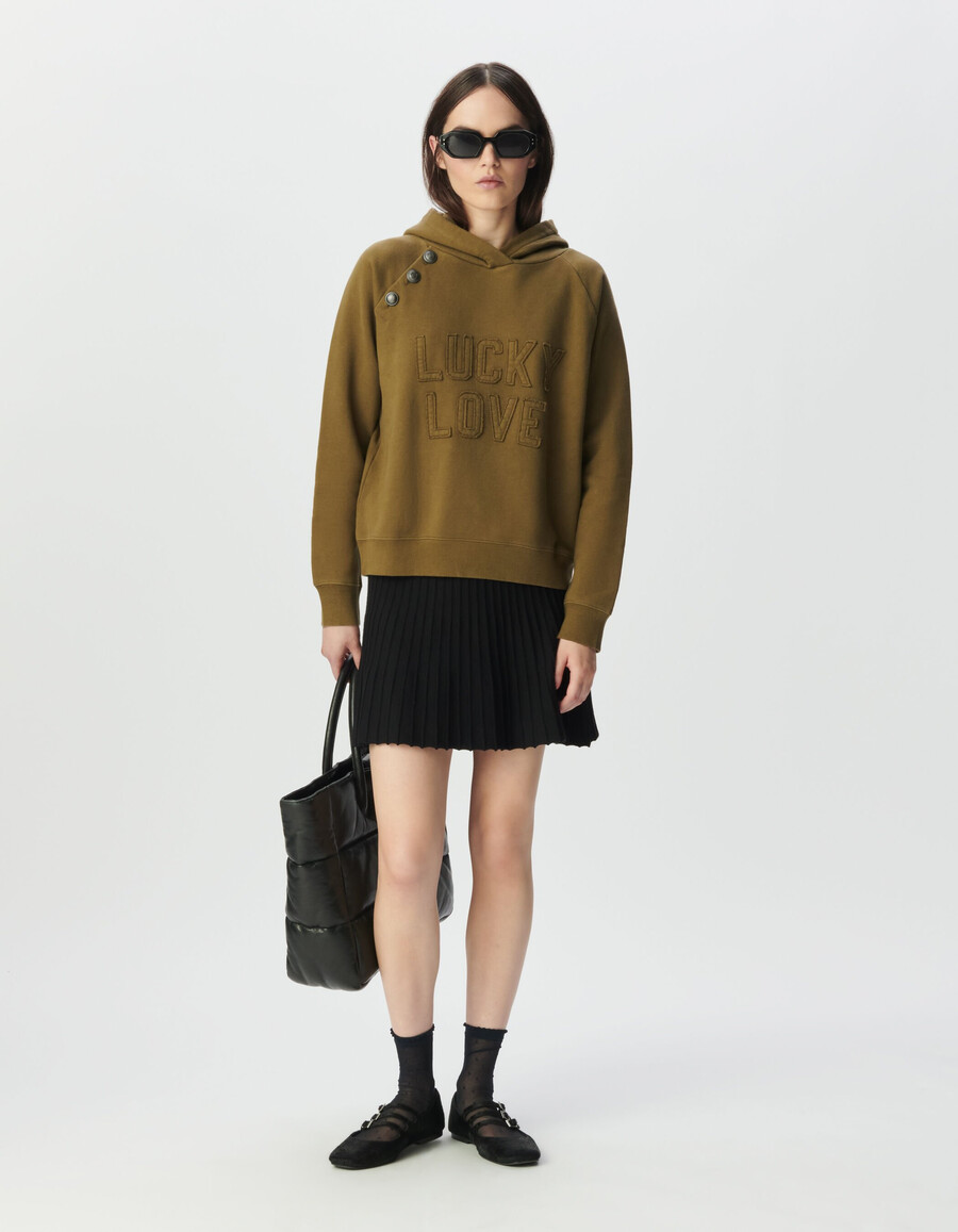 sudadera con capucha de algodón orgánico color caqui para mujer botones y eslogan