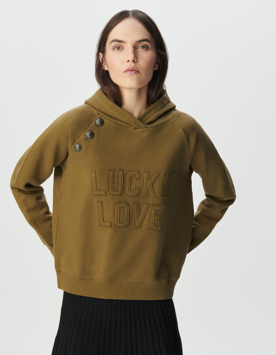 sudadera con capucha de algodón orgánico color caqui para mujer botones y eslogan