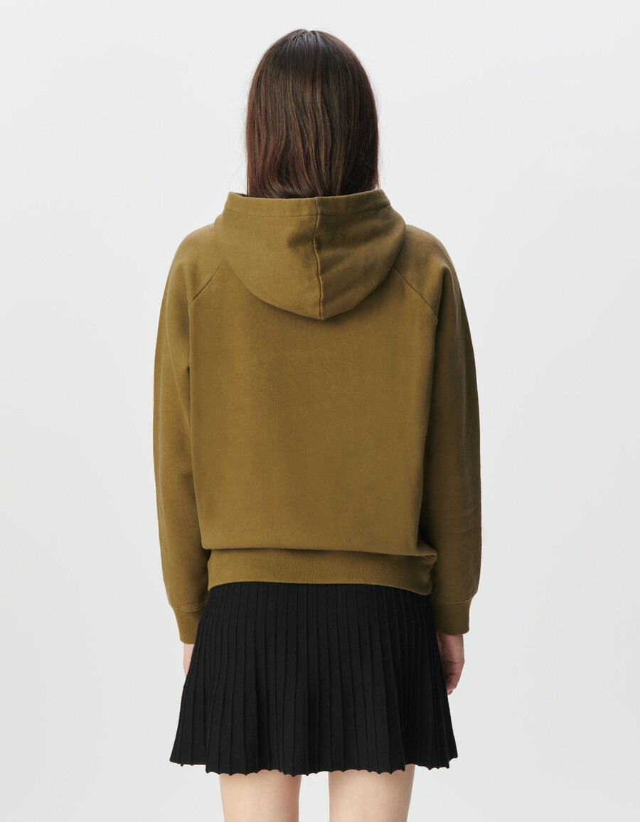 sudadera con capucha de algodón orgánico color caqui para mujer botones y eslogan