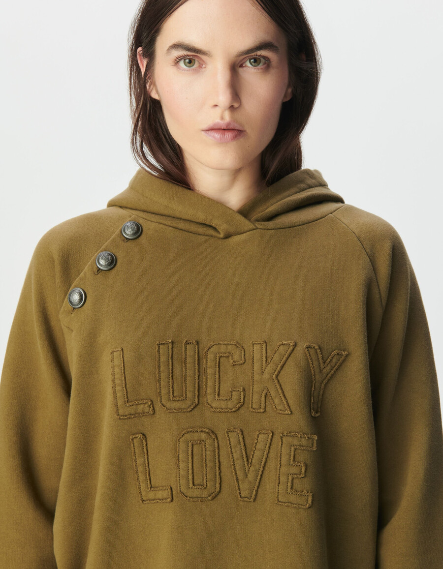 sudadera con capucha de algodón orgánico color caqui para mujer botones y eslogan