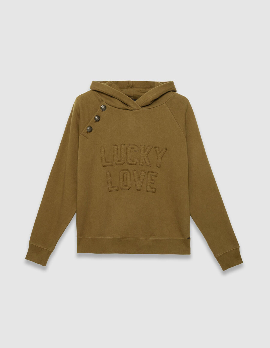 sudadera con capucha de algodón orgánico color caqui para mujer botones y eslogan