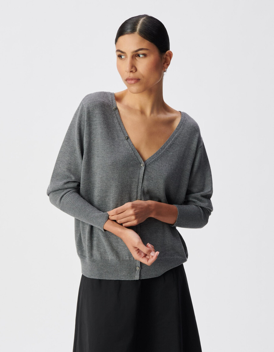cárdigan reversible de punto gris con parte delantera y trasera para mujer
