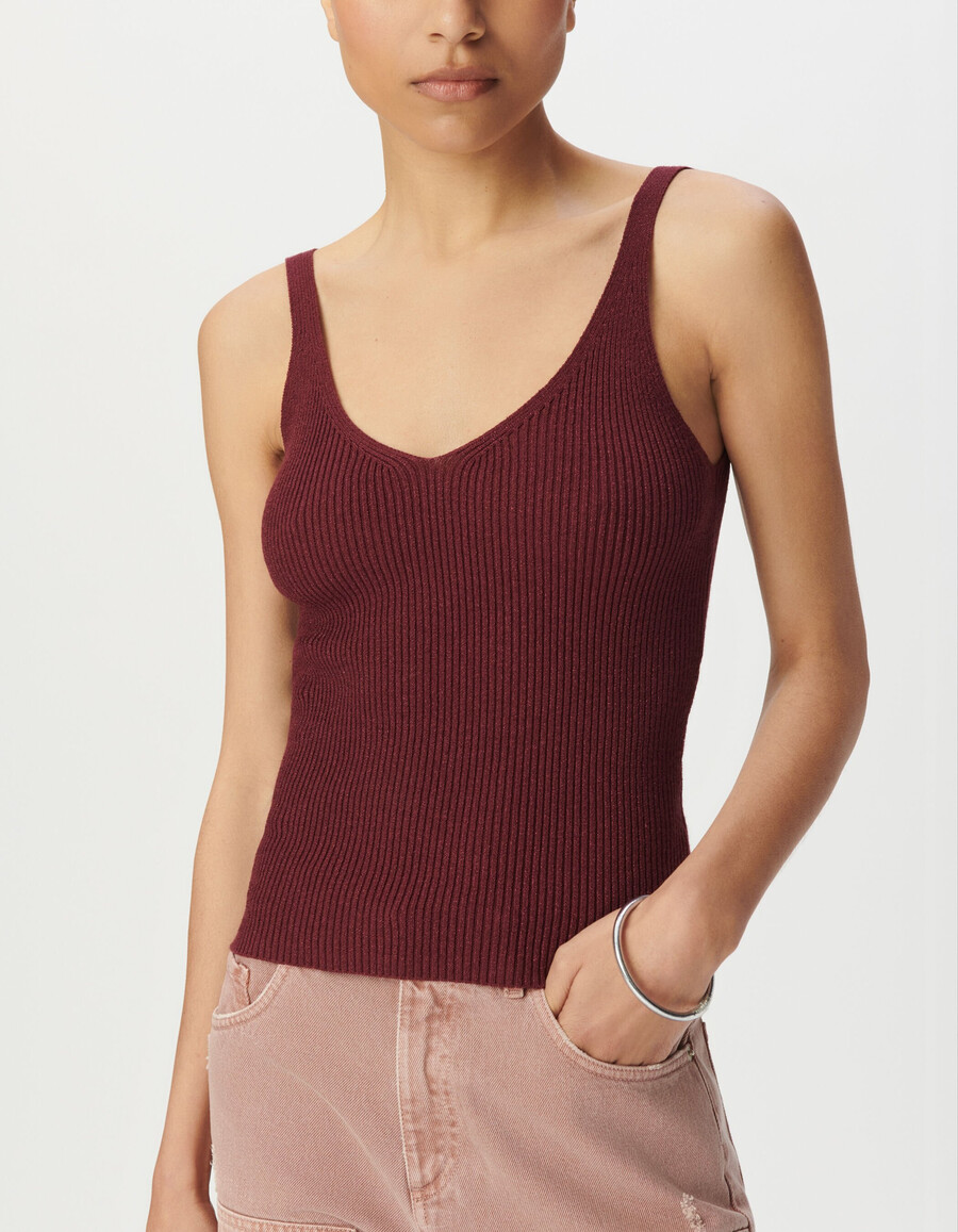 top de tirantes de punto acanalado burdeos para mujer
