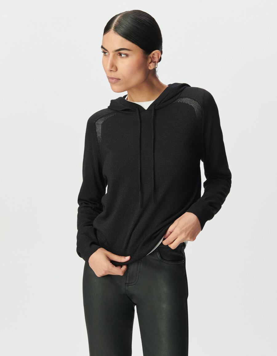 sudadera con capucha de punto fino de lúrex negro para mujer