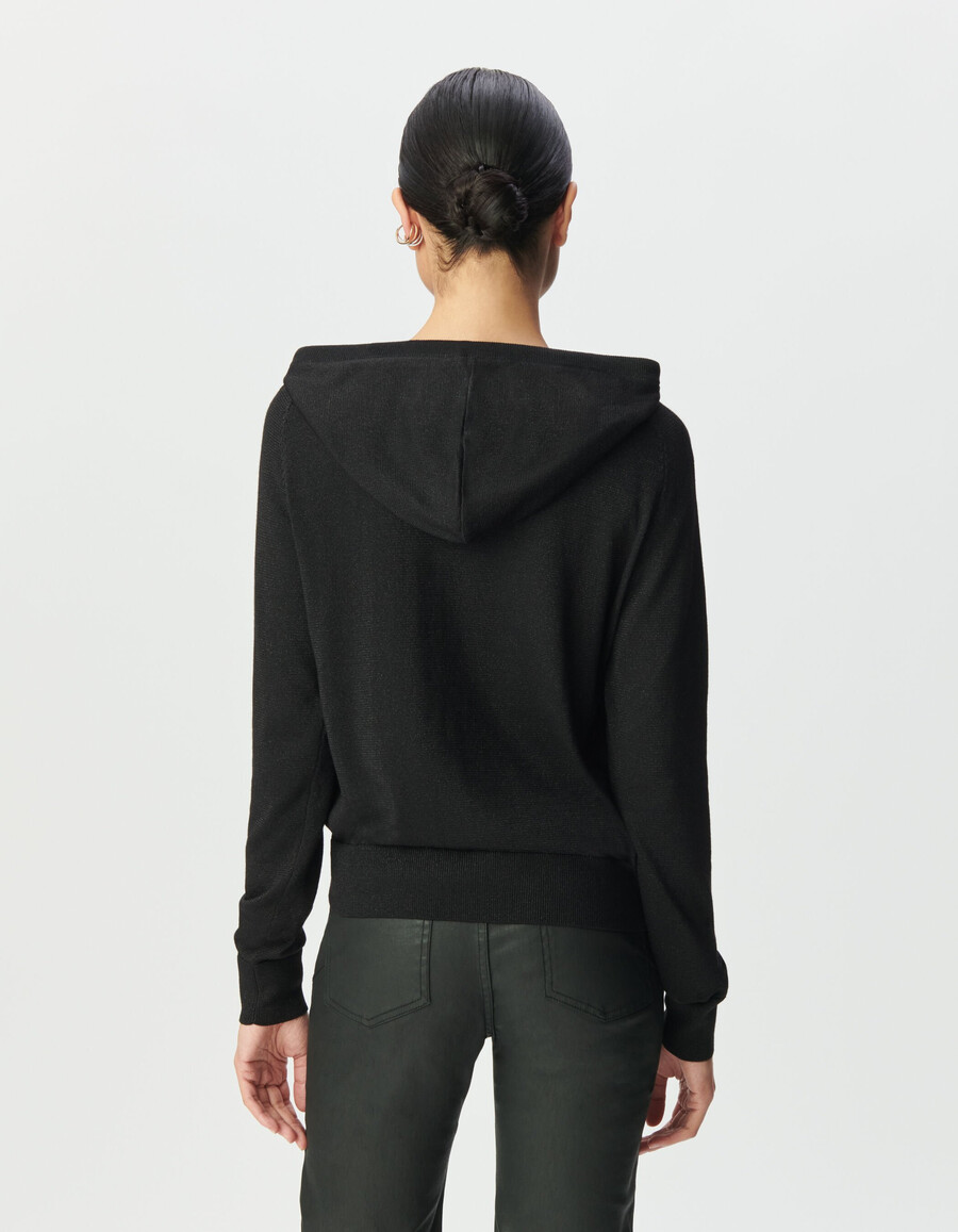 sudadera con capucha de punto fino de lúrex negro para mujer