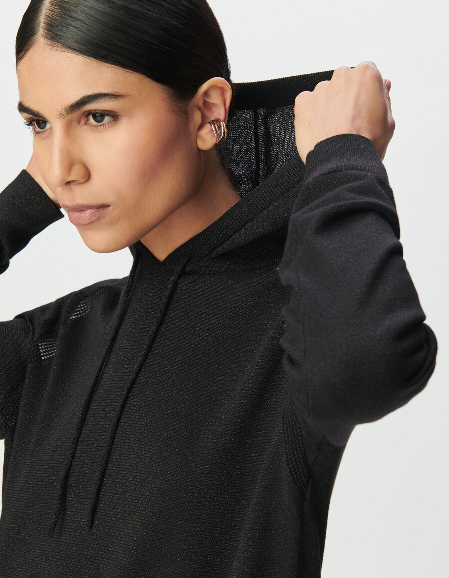 sudadera con capucha de punto fino de lúrex negro para mujer