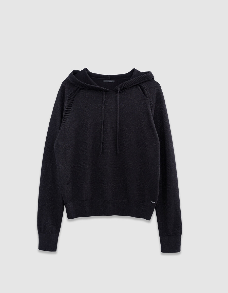 sudadera con capucha de punto fino de lúrex negro para mujer