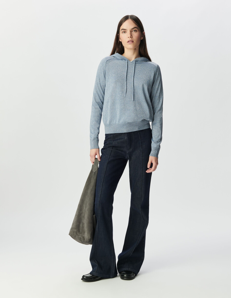 sudadera con capucha de punto de lúrex fino azul cielo para mujer