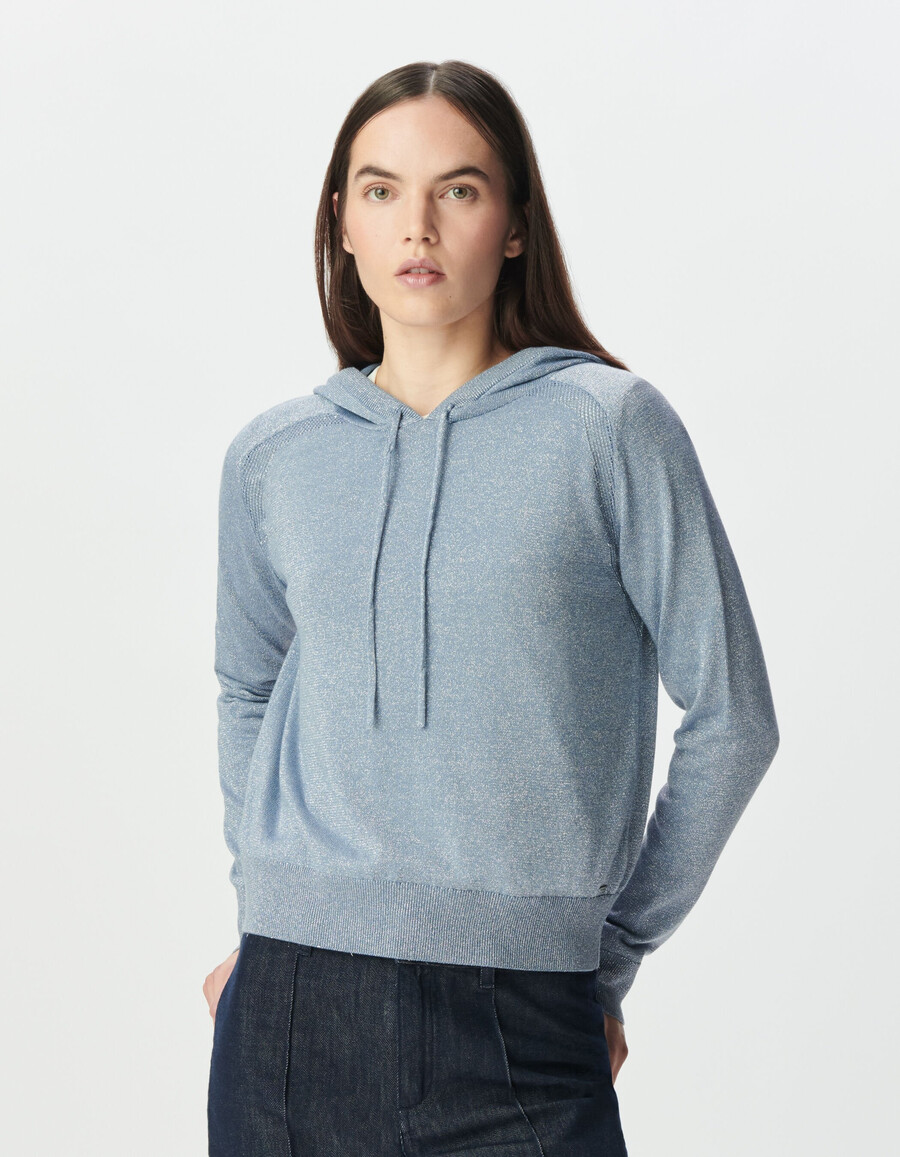 sudadera con capucha de punto de lúrex fino azul cielo para mujer