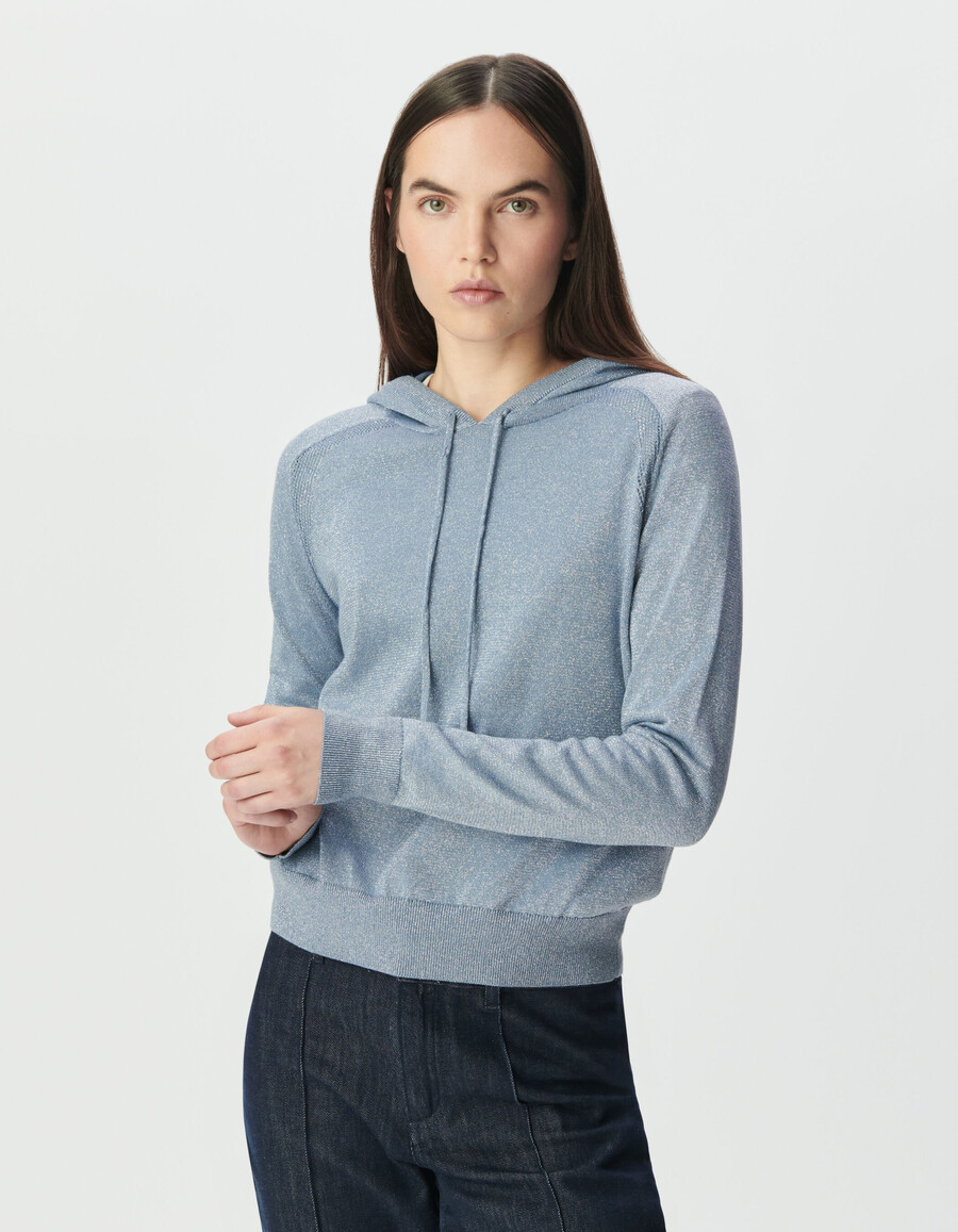 sudadera con capucha de punto de lúrex fino azul cielo para mujer