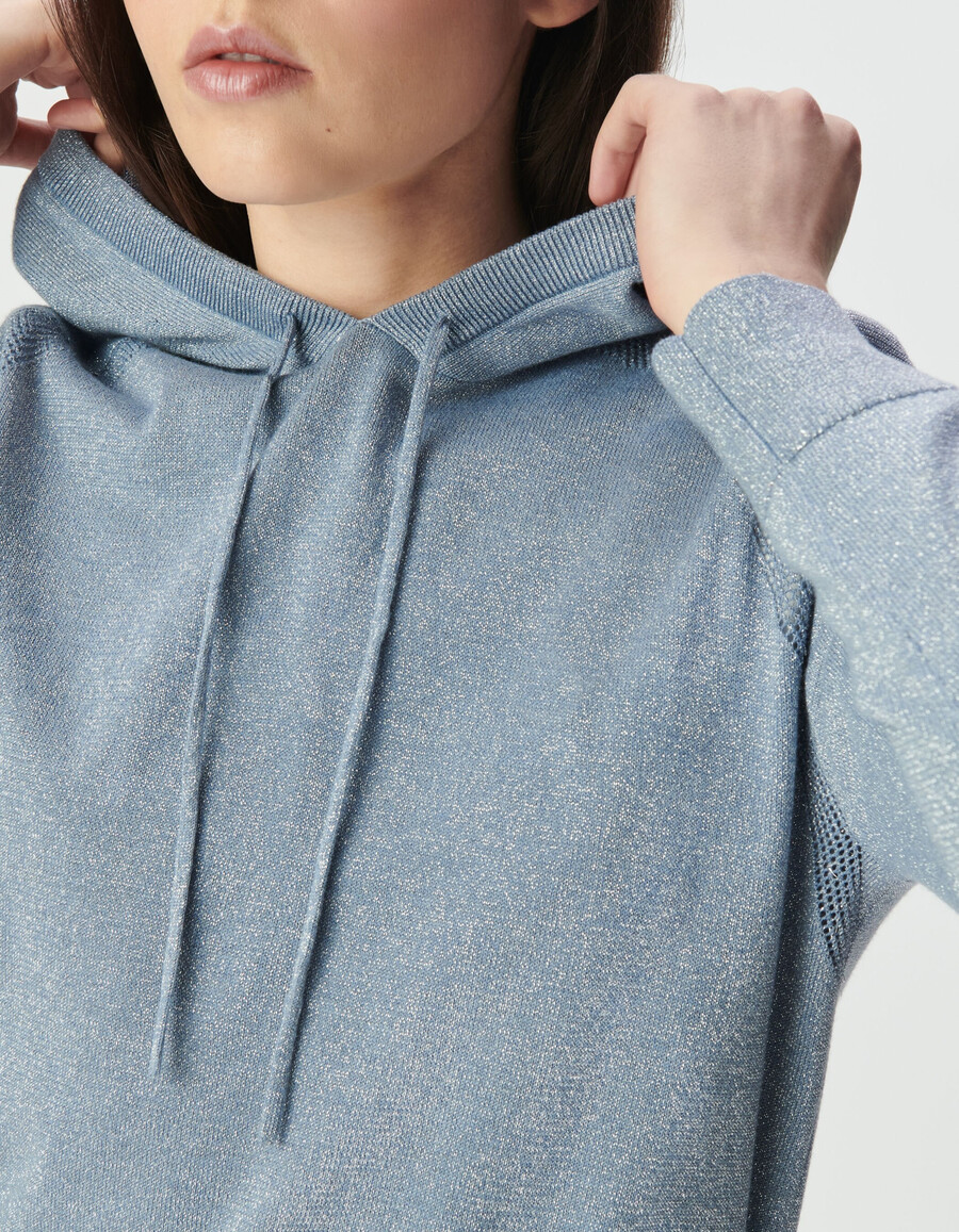 sudadera con capucha de punto de lúrex fino azul cielo para mujer