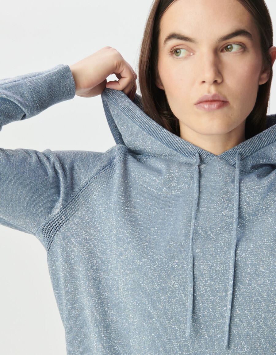 sudadera con capucha de punto de lúrex fino azul cielo para mujer