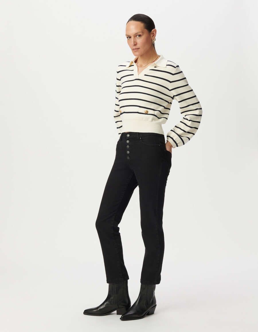 suéter blanco de punto con rayas marineras para mujer cuello tipo polo