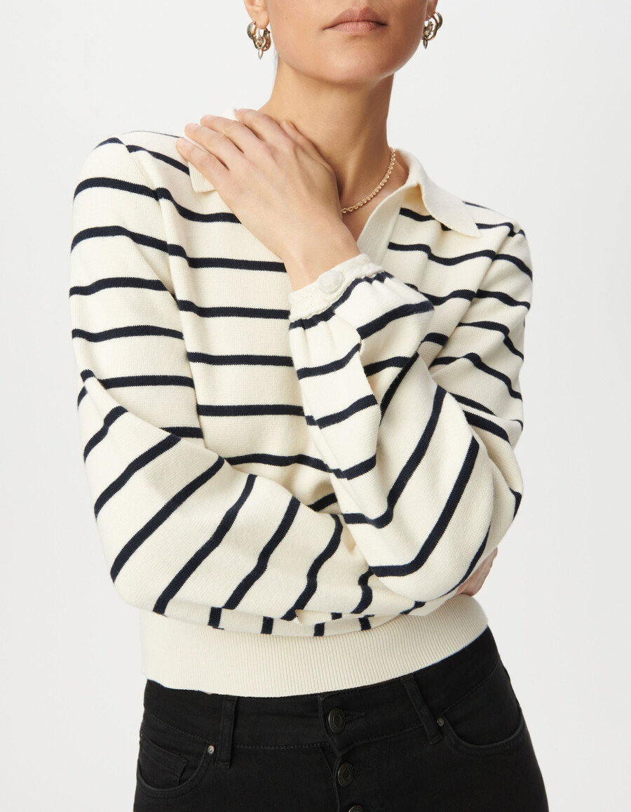 suéter blanco de punto con rayas marineras para mujer cuello tipo polo