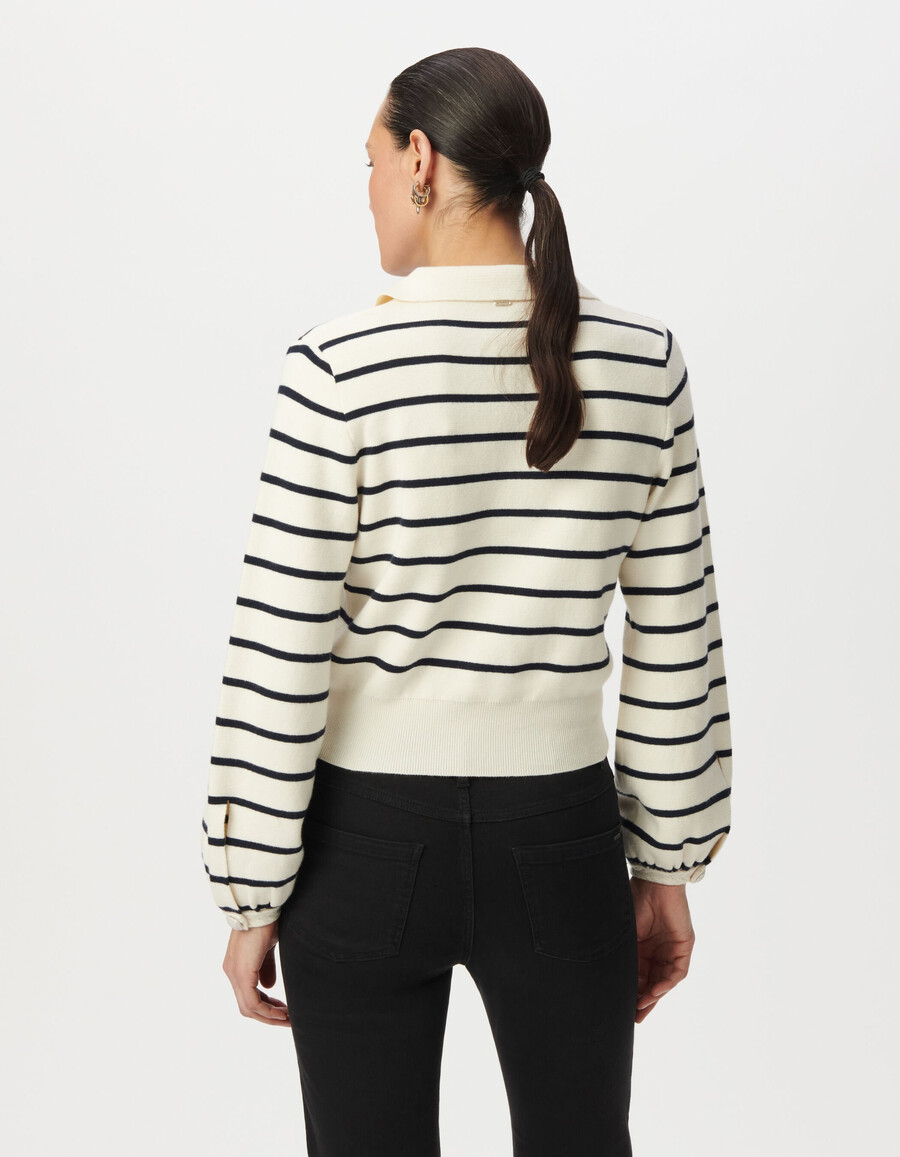 suéter blanco de punto con rayas marineras para mujer cuello tipo polo