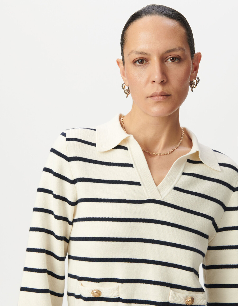 suéter blanco de punto con rayas marineras para mujer cuello tipo polo