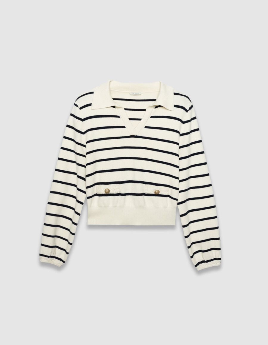 suéter blanco de punto con rayas marineras para mujer cuello tipo polo