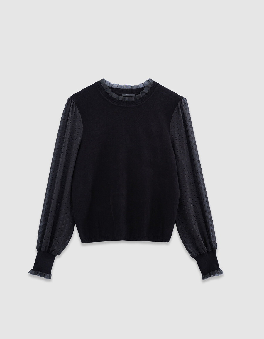 suéter de punto negro para mujer con mangas de voile suizo con lunares