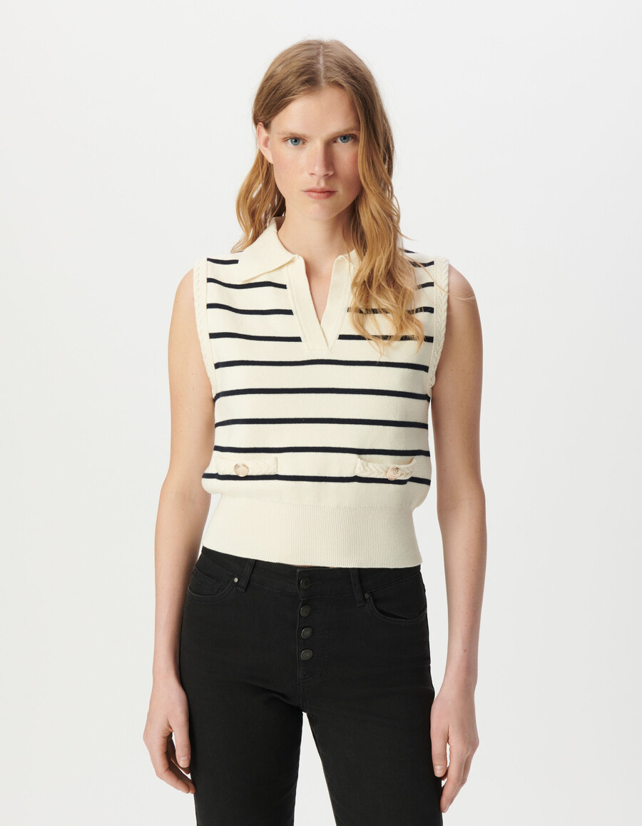 suéter tipo polo de punto blanco para mujer con rayas marineras azul marino